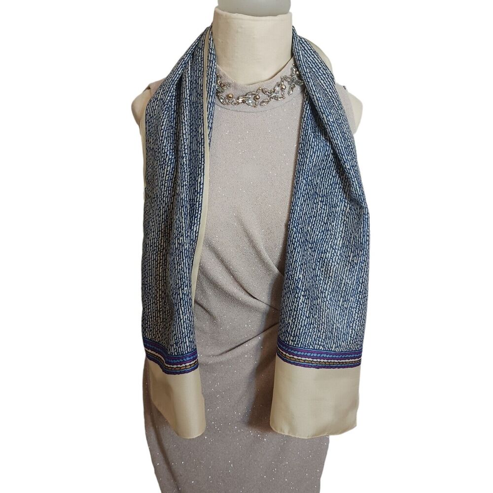 Long Wrap Neck Scarf SILK 10.5" x 53.5" Blue Beige Modern Artsy Retro Vintage